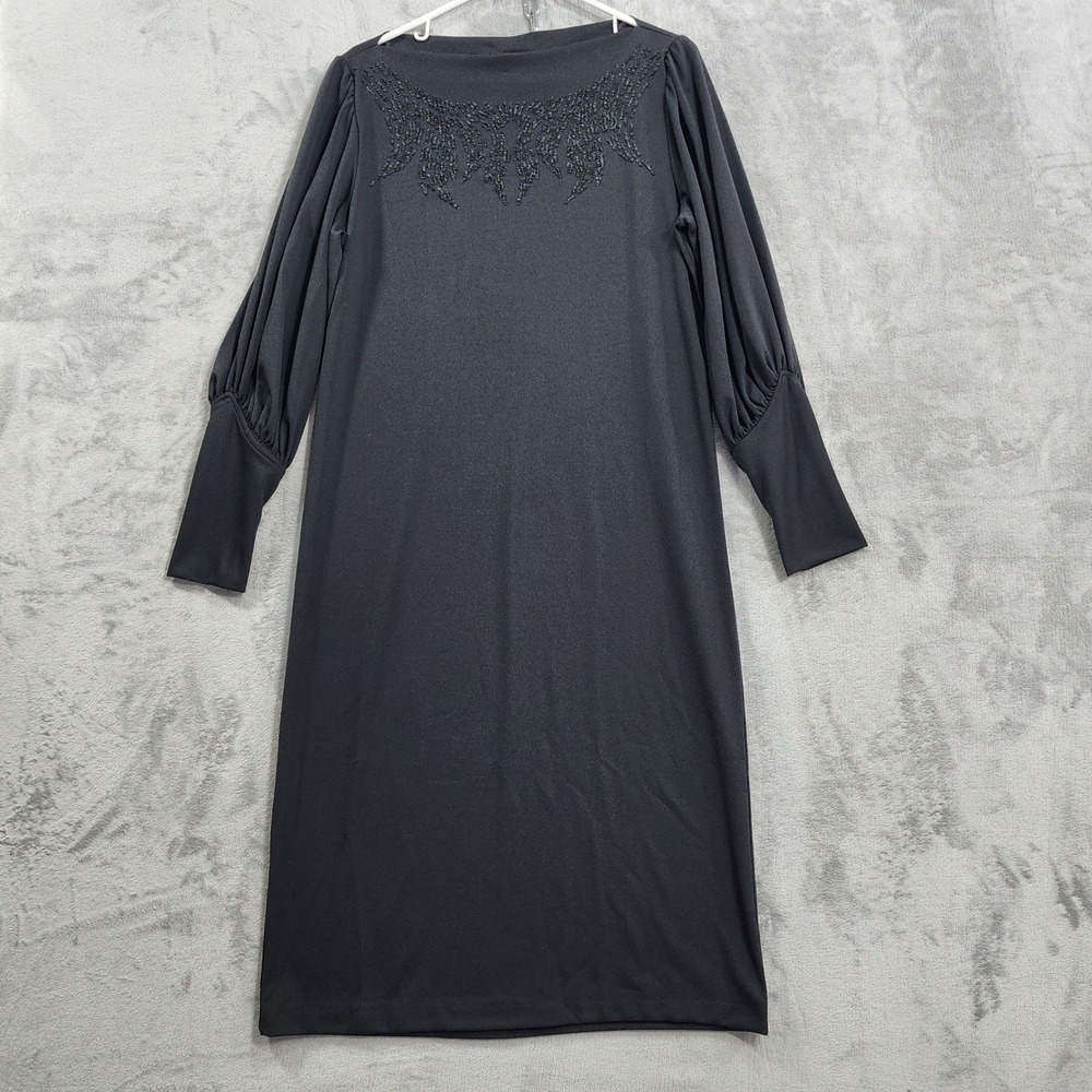 Vintage IFI Dress Womens L Black Beaded Boatneck Bishop Sleeve Stretch Midi Goth